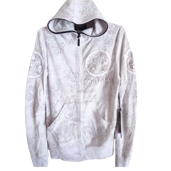 NIP Buckle Salvage Sun Spade Leather Patch Zip Front Hooded Lt Gray Khama Jacket - Picture 2 of 12